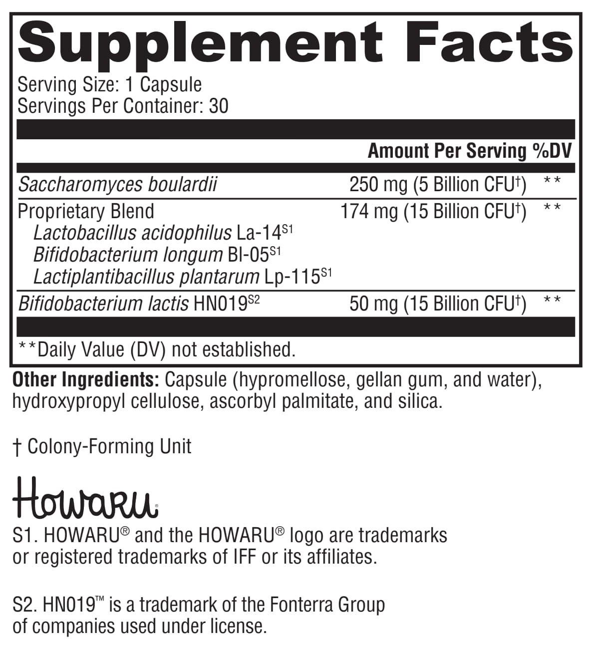 Supplement facts label with various microorganisms and their quantities on a white background.