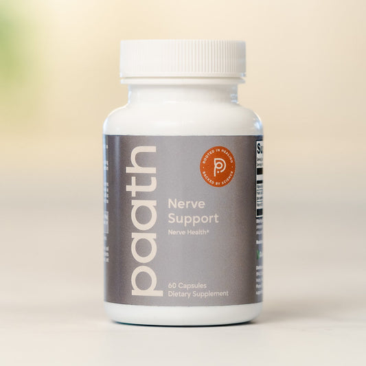 Supplement bottle labeled 'Nerve Support' by paath on a beige background