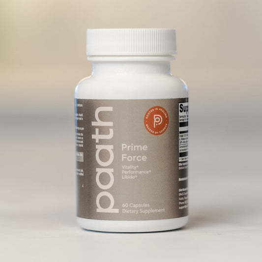 Supplement bottle labeled 'paath Prime Force' on a neutral background