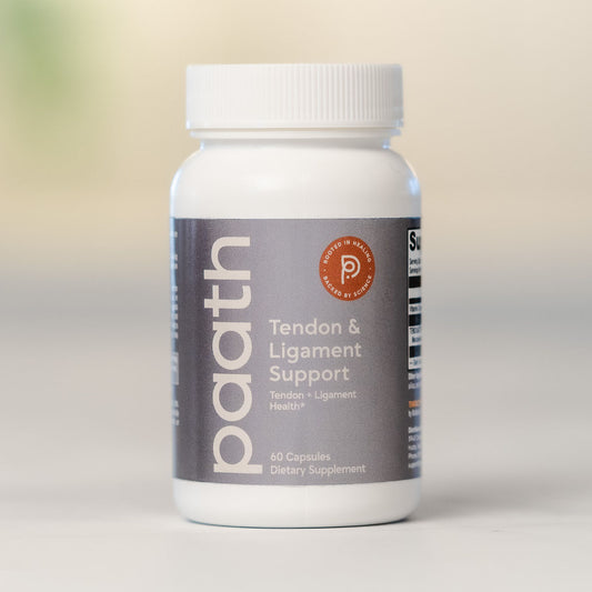 Supplement bottle labeled 'paath' for tendon and ligament support on a neutral background