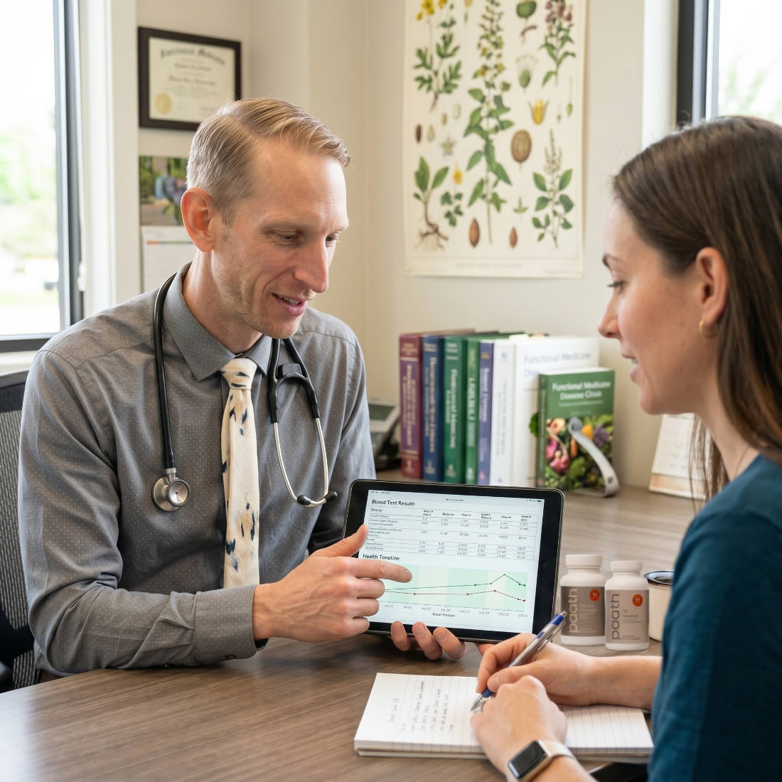Dr. Munro walking a Paath patient through her lab results on a tablet